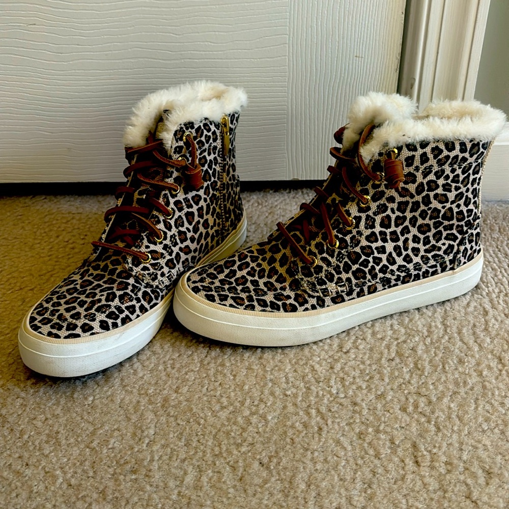 Sperry Top Sider Crest Faux Fur High Top Sneaker Animal Print Tan 6.5M